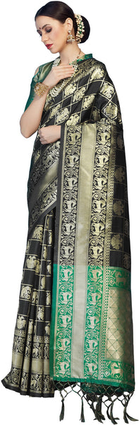 SMSAREE Black Designer Wedding Partywear Kanjeevaram Art Silk Hand Embroidery Work Bridal Saree Sari With Blouse Piece YNF-29541