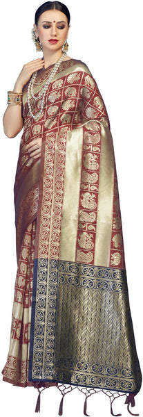 SMSAREE Maroon Designer Wedding Partywear Kanjeevaram Art Silk Hand Embroidery Work Bridal Saree Sari With Blouse Piece YNF-29545
