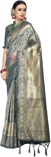 SMSAREE Charcoal Designer Wedding Partywear Kanjeevaram Art Silk Hand Embroidery Work Bridal Saree Sari With Blouse Piece YNF-29547