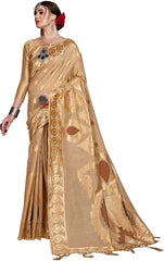 SMSAREE Brown Designer Wedding Partywear Linen Art Silk Hand Embroidery Work Bridal Saree Sari With Blouse Piece YNF-29558