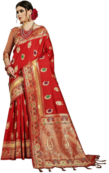 SMSAREE Red Designer Wedding Partywear Banarasi Art Silk Hand Embroidery Work Bridal Saree Sari With Blouse Piece YNF-29575