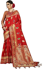 SMSAREE Red Designer Wedding Partywear Banarasi Art Silk Hand Embroidery Work Bridal Saree Sari With Blouse Piece YNF-29575