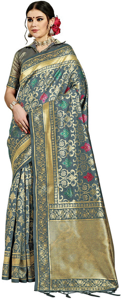 SMSAREE Grey Designer Wedding Partywear Banarasi Art Silk Hand Embroidery Work Bridal Saree Sari With Blouse Piece YNF-29576