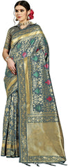 SMSAREE Grey Designer Wedding Partywear Banarasi Art Silk Hand Embroidery Work Bridal Saree Sari With Blouse Piece YNF-29576