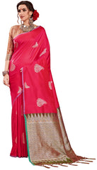 SMSAREE Pink Designer Wedding Partywear Kanjeevaram Art Silk Hand Embroidery Work Bridal Saree Sari With Blouse Piece YNF-29612