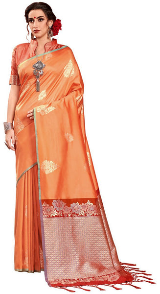 SMSAREE Orange Designer Wedding Partywear Kanjeevaram Art Silk Hand Embroidery Work Bridal Saree Sari With Blouse Piece YNF-29615