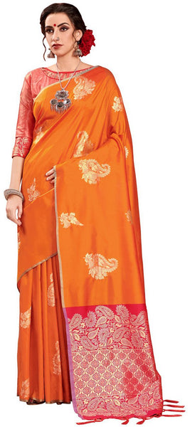 SMSAREE Mustard Designer Wedding Partywear Kanjeevaram Art Silk Hand Embroidery Work Bridal Saree Sari With Blouse Piece YNF-29618