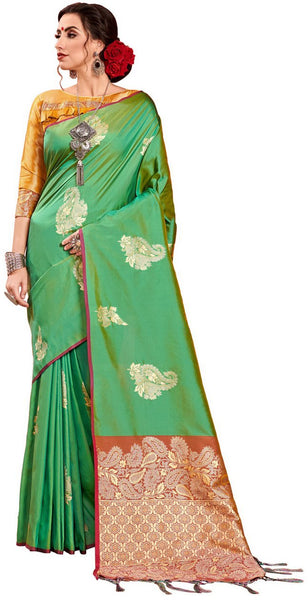 SMSAREE Green Designer Wedding Partywear Kanjeevaram Art Silk Hand Embroidery Work Bridal Saree Sari With Blouse Piece YNF-29619