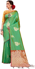 SMSAREE Green Designer Wedding Partywear Kanjeevaram Art Silk Hand Embroidery Work Bridal Saree Sari With Blouse Piece YNF-29619