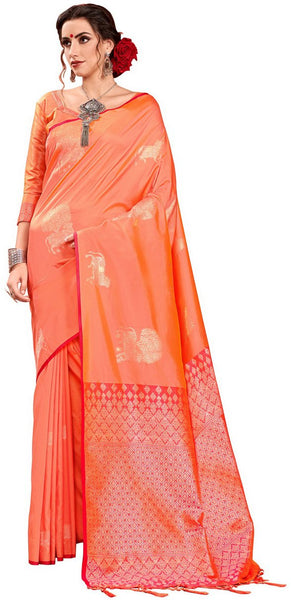 SMSAREE Peach Designer Wedding Partywear Kanjeevaram Art Silk Hand Embroidery Work Bridal Saree Sari With Blouse Piece YNF-29620