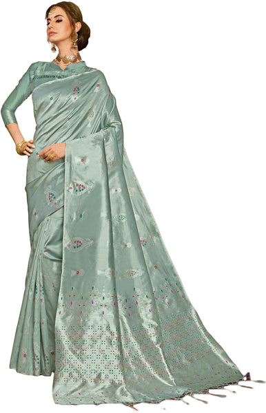 SMSAREE Turquoise Designer Wedding Partywear Kanjeevaram Art Silk Hand Embroidery Work Bridal Saree Sari With Blouse Piece YNF-29659