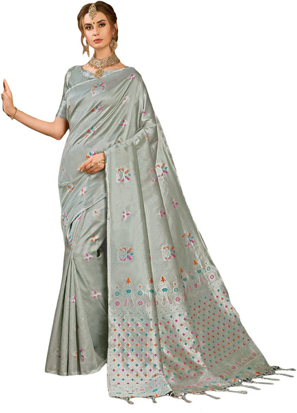 SMSAREE Charcoal Designer Wedding Partywear Kanjeevaram Art Silk Hand Embroidery Work Bridal Saree Sari With Blouse Piece YNF-29665