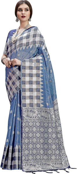 SMSAREE Blue Designer Wedding Partywear Linen Art Silk Hand Embroidery Work Bridal Saree Sari With Blouse Piece YNF-29669