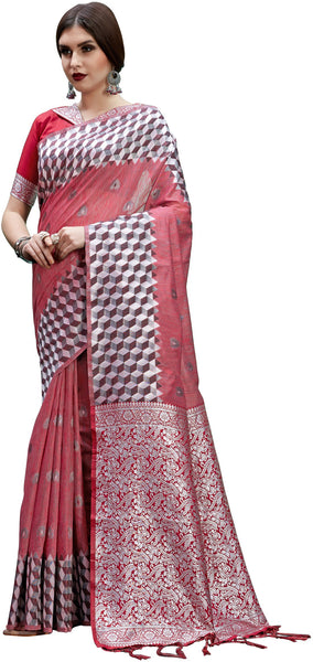 SMSAREE Maroon Designer Wedding Partywear Linen Art Silk Hand Embroidery Work Bridal Saree Sari With Blouse Piece YNF-29670
