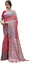 SMSAREE Maroon Designer Wedding Partywear Linen Art Silk Hand Embroidery Work Bridal Saree Sari With Blouse Piece YNF-29670