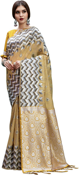 SMSAREE Mustard Designer Wedding Partywear Linen Art Silk Hand Embroidery Work Bridal Saree Sari With Blouse Piece YNF-29672