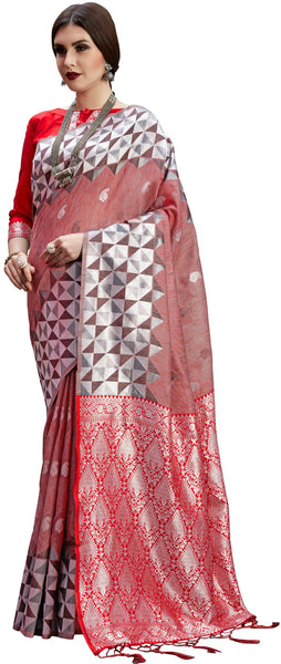 SMSAREE Red Designer Wedding Partywear Linen Art Silk Hand Embroidery Work Bridal Saree Sari With Blouse Piece YNF-29674