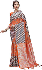 SMSAREE Orange Designer Wedding Partywear Linen Art Silk Hand Embroidery Work Bridal Saree Sari With Blouse Piece YNF-29675