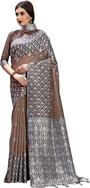 SMSAREE Coffee Brown Designer Wedding Partywear Linen Art Silk Hand Embroidery Work Bridal Saree Sari With Blouse Piece YNF-29676