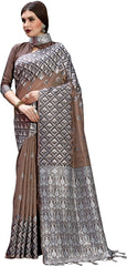 SMSAREE Coffee Brown Designer Wedding Partywear Linen Art Silk Hand Embroidery Work Bridal Saree Sari With Blouse Piece YNF-29676
