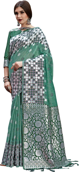 SMSAREE Green Designer Wedding Partywear Linen Art Silk Hand Embroidery Work Bridal Saree Sari With Blouse Piece YNF-29677