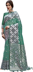 SMSAREE Green Designer Wedding Partywear Linen Art Silk Hand Embroidery Work Bridal Saree Sari With Blouse Piece YNF-29677