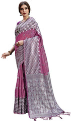 SMSAREE Purple Designer Wedding Partywear Linen Art Silk Hand Embroidery Work Bridal Saree Sari With Blouse Piece YNF-29678