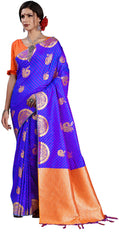 SMSAREE Blue Designer Wedding Partywear Kanjeevaram Art Silk Hand Embroidery Work Bridal Saree Sari With Blouse Piece YNF-29682