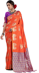 SMSAREE Orange Designer Wedding Partywear Kanjeevaram Art Silk Hand Embroidery Work Bridal Saree Sari With Blouse Piece YNF-29683