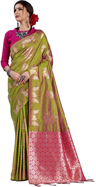 SMSAREE Olive Green Designer Wedding Partywear Kanjeevaram Art Silk Hand Embroidery Work Bridal Saree Sari With Blouse Piece YNF-29685