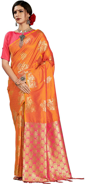 SMSAREE Mustard Designer Wedding Partywear Kanjeevaram Art Silk Hand Embroidery Work Bridal Saree Sari With Blouse Piece YNF-29686