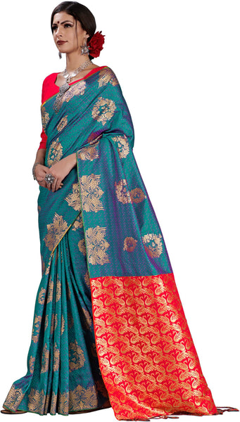 SMSAREE Teal Designer Wedding Partywear Kanjeevaram Art Silk Hand Embroidery Work Bridal Saree Sari With Blouse Piece YNF-29687