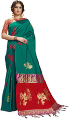 SMSAREE Teal Designer Wedding Partywear Kanjeevaram Art Silk Hand Embroidery Work Bridal Saree Sari With Blouse Piece YNF-29689