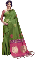 SMSAREE Olive Green Designer Wedding Partywear Kanjeevaram Art Silk Hand Embroidery Work Bridal Saree Sari With Blouse Piece YNF-29695