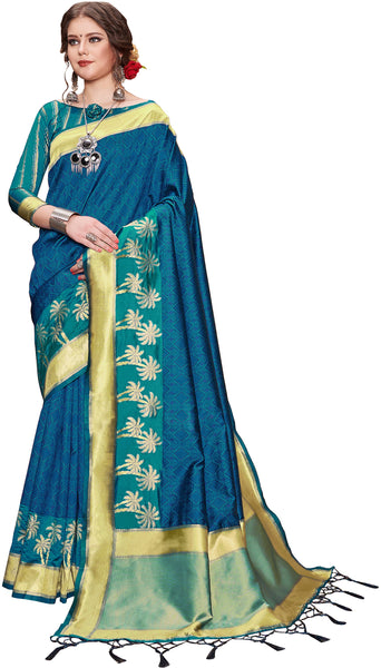 SMSAREE Teal Designer Wedding Partywear Tanchui Art Silk Hand Embroidery Work Bridal Saree Sari With Blouse Piece YNF-29699