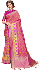 SMSAREE Pink Designer Wedding Partywear Tanchui Art Silk Hand Embroidery Work Bridal Saree Sari With Blouse Piece YNF-29704