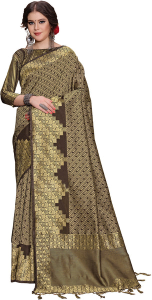 SMSAREE Coffee Brown Designer Wedding Partywear Tanchui Art Silk Hand Embroidery Work Bridal Saree Sari With Blouse Piece YNF-29707