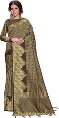 SMSAREE Coffee Brown Designer Wedding Partywear Tanchui Art Silk Hand Embroidery Work Bridal Saree Sari With Blouse Piece YNF-29707