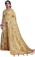 SMSAREE Beige Designer Wedding Partywear Linen Art Silk Hand Embroidery Work Bridal Saree Sari With Blouse Piece YNF-29728