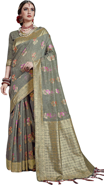 SMSAREE Grey Designer Wedding Partywear Linen Art Silk Hand Embroidery Work Bridal Saree Sari With Blouse Piece YNF-29729