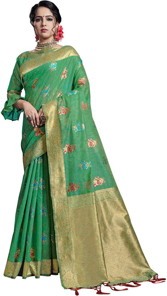 SMSAREE Green Designer Wedding Partywear Linen Art Silk Hand Embroidery Work Bridal Saree Sari With Blouse Piece YNF-29730