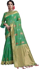 SMSAREE Green Designer Wedding Partywear Linen Art Silk Hand Embroidery Work Bridal Saree Sari With Blouse Piece YNF-29730