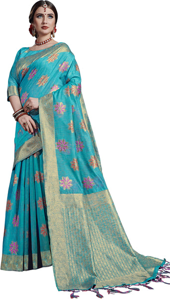 SMSAREE Turquoise Designer Wedding Partywear Linen Art Silk Hand Embroidery Work Bridal Saree Sari With Blouse Piece YNF-29731