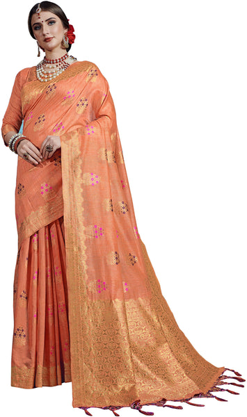 SMSAREE Orange Designer Wedding Partywear Linen Art Silk Hand Embroidery Work Bridal Saree Sari With Blouse Piece YNF-29732