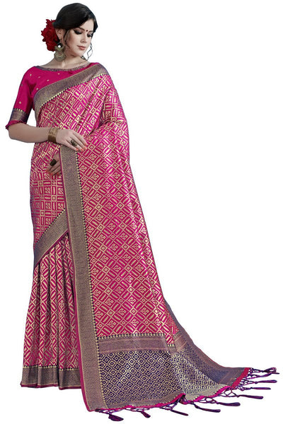 SMSAREE Pink Designer Wedding Partywear Tanchui Art Silk Hand Embroidery Work Bridal Saree Sari With Blouse Piece YNF-29739
