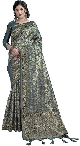 SMSAREE Charcoal Designer Wedding Partywear Tanchui Art Silk Hand Embroidery Work Bridal Saree Sari With Blouse Piece YNF-29740