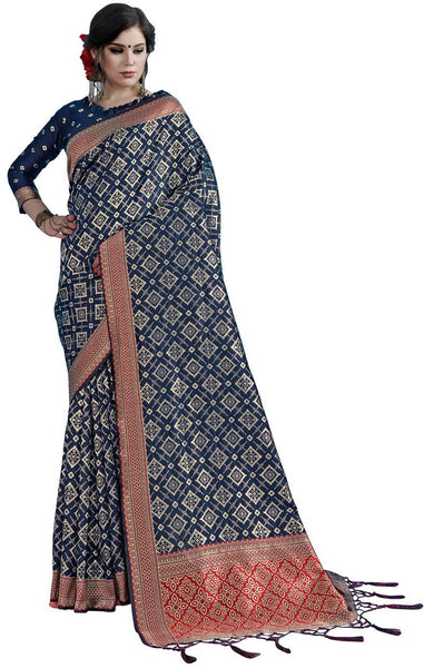 SMSAREE Navy Blue Designer Wedding Partywear Tanchui Art Silk Hand Embroidery Work Bridal Saree Sari With Blouse Piece YNF-29741