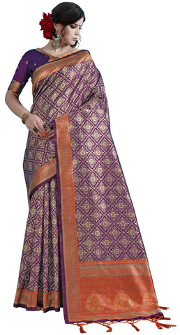 SMSAREE Purple Designer Wedding Partywear Tanchui Art Silk Hand Embroidery Work Bridal Saree Sari With Blouse Piece YNF-29742