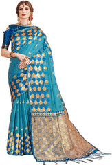 SMSAREE Teal Designer Wedding Partywear Linen Art Silk Hand Embroidery Work Bridal Saree Sari With Blouse Piece YNF-29773
