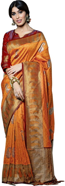 SMSAREE Mustard Designer Wedding Partywear Tanchui Art Silk Hand Embroidery Work Bridal Saree Sari With Blouse Piece YNF-29776